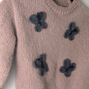 Zara Girls 5T Chunky Knit Sweater Butterfly Mauve Neutral Whimsical